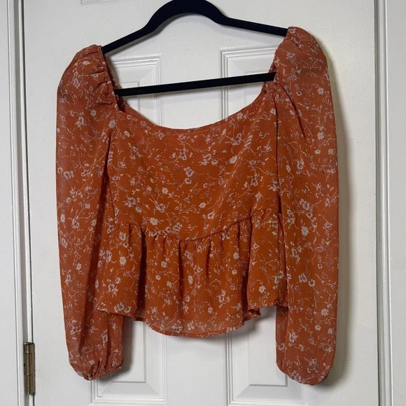 ASTR The Label Rust Floral Sweetheart Peplum Top XS Long Sleeve Ruched Blouse - Picture 6 of 8